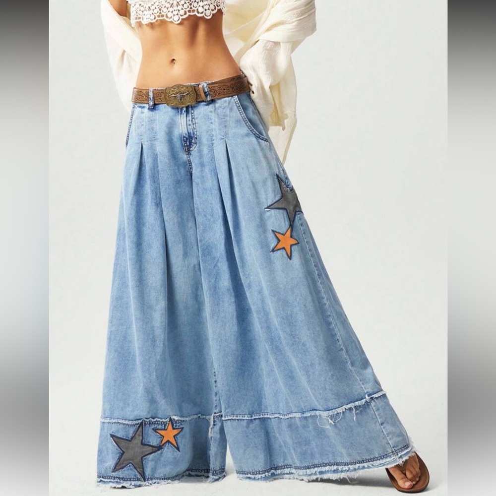 NWOT Bohemela Acid Wash Wide Leg Pants With Star Patch Details Size L - Picture 2 of 15